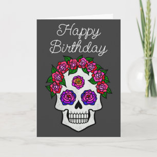 Tarjeta Feliz cumpleaños al cráneo de Halloween con Rosas