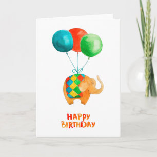 Tarjeta Feliz cumpleaños al elefante y globos en blanco de