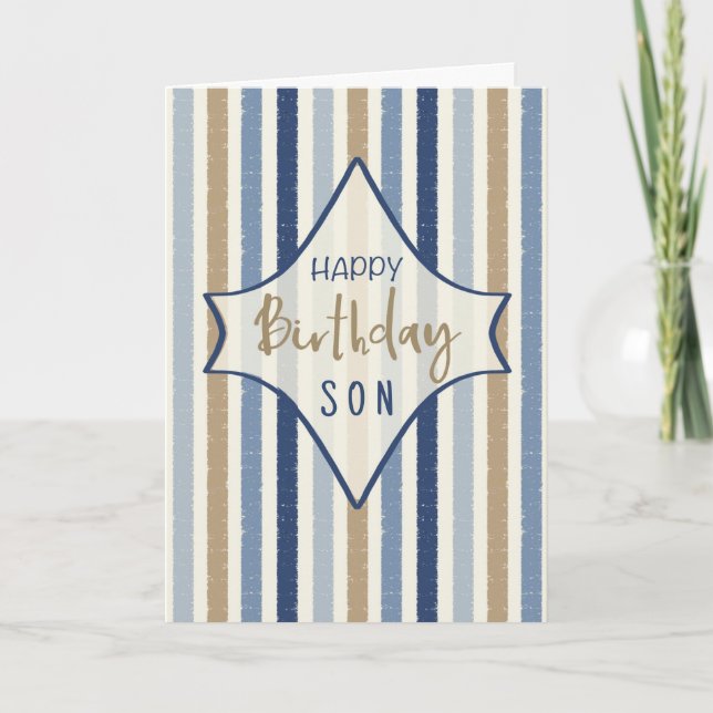 Tarjeta Feliz Cumpleaños al Hijo Rayas Azules Deterioradas (Anverso)