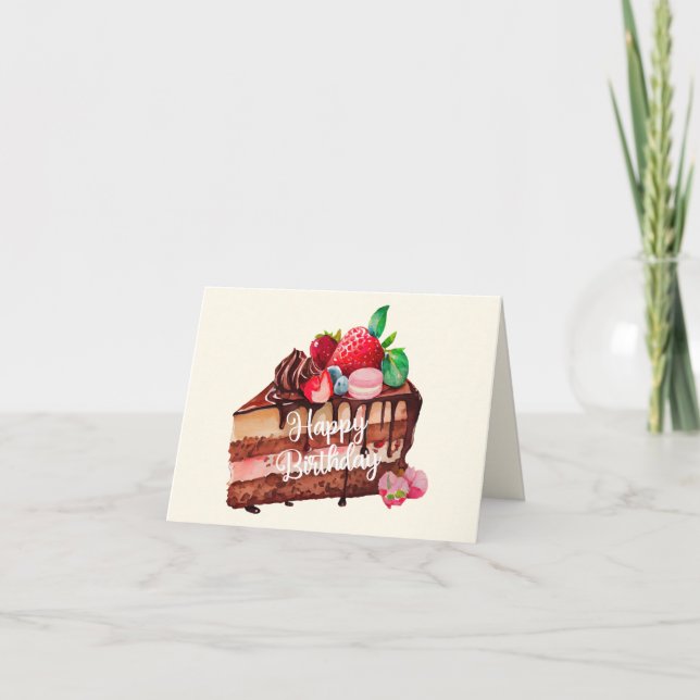 Tarjeta Feliz cumpleaños al pastel de chocolate con fresa (Anverso)