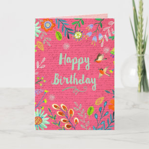 Tarjeta Feliz Cumpleaños Alegres Flores Campestres Rosadas