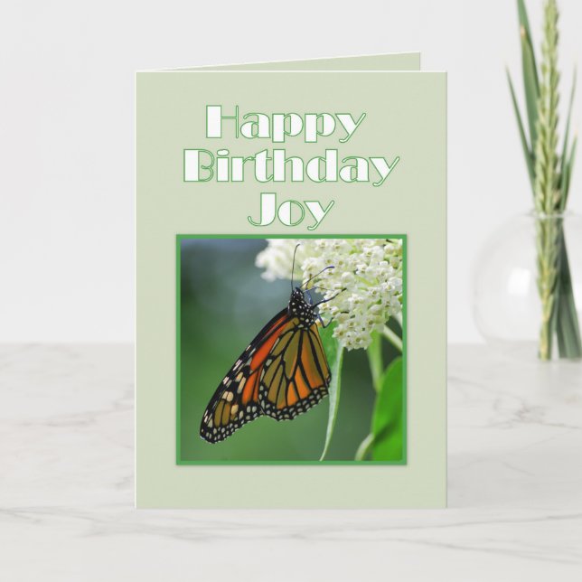 Tarjeta Feliz cumpleaños, alegría, monarca mariposa (Anverso)