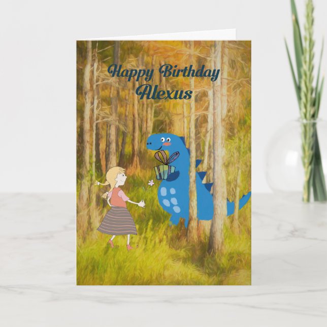 Tarjeta Feliz cumpleaños Alexus Card con dinosaurio (Anverso)