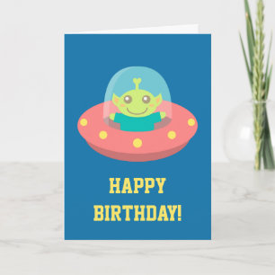 Tarjeta Feliz Cumpleaños, Alien Cute en Nave Espacial