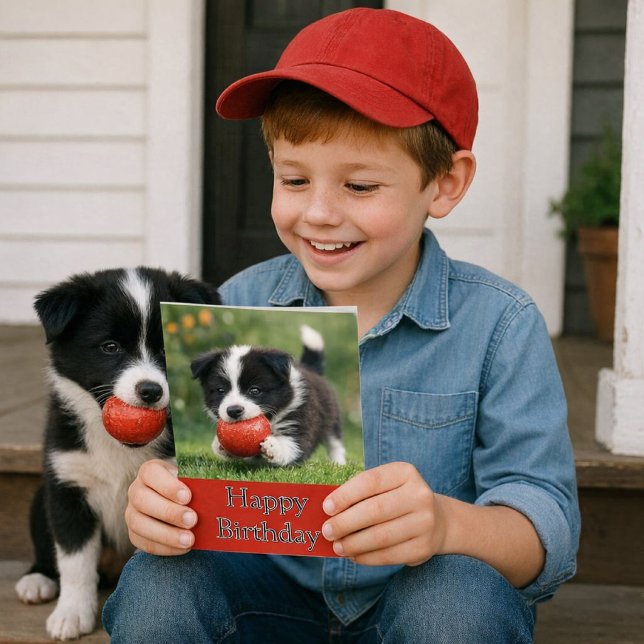 Tarjeta Feliz Cumpleaños Amantes de los Perros Niños  (Joyful birthday moment with a playful pup and a bright, happy card in hand. Template card for kids)