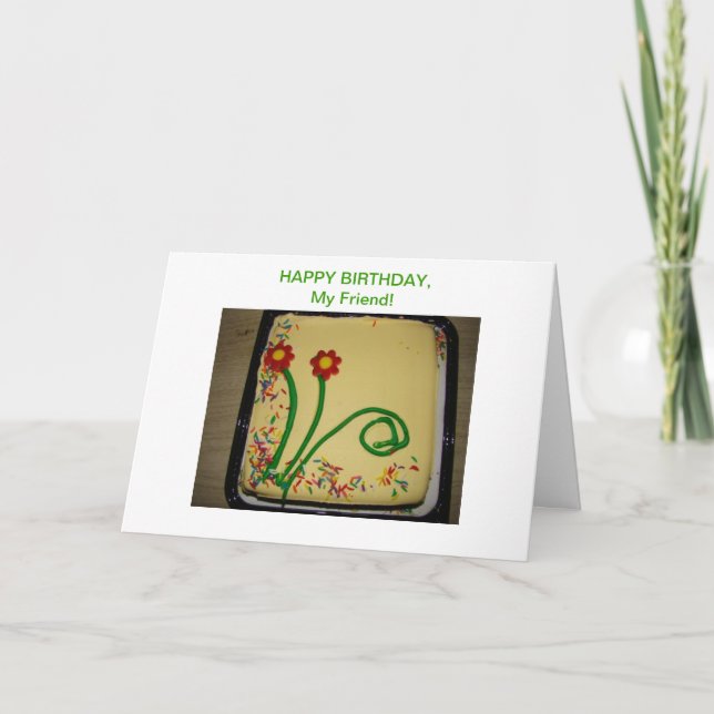 Tarjeta Feliz cumpleaños amigo, pastel amarillo (Anverso)