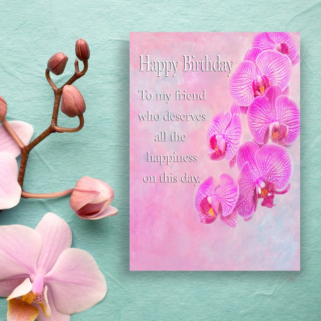 Tarjeta Feliz cumpleaños amigo Purple Orchids (Symbolize lasting friendship with a cascade of elegant purple orchids.)