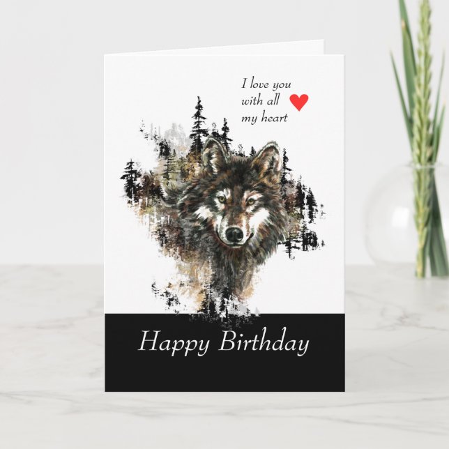 Tarjeta Feliz cumpleaños amor Masculina Wolf Mountain (Anverso)