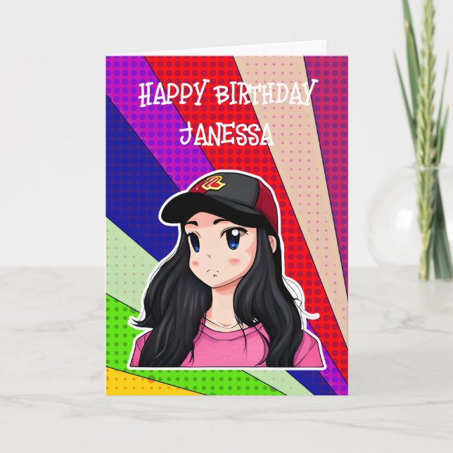 Tarjeta Feliz cumpleaños (Añadir nombre) a un Chica animad (Anverso)