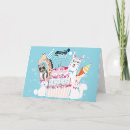 Tarjeta Feliz cumpleaños, animales y pasteles