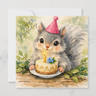 Tarjeta Feliz Cumpleaños Ardilla Acuarela con Tarta 