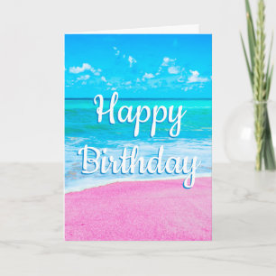 Tarjeta Feliz cumpleaños, arena rosa y playa tropical
