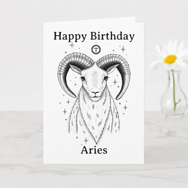 Tarjeta Feliz Cumpleaños Aries Carnero Dibujado a Mano (Planta pequeña)