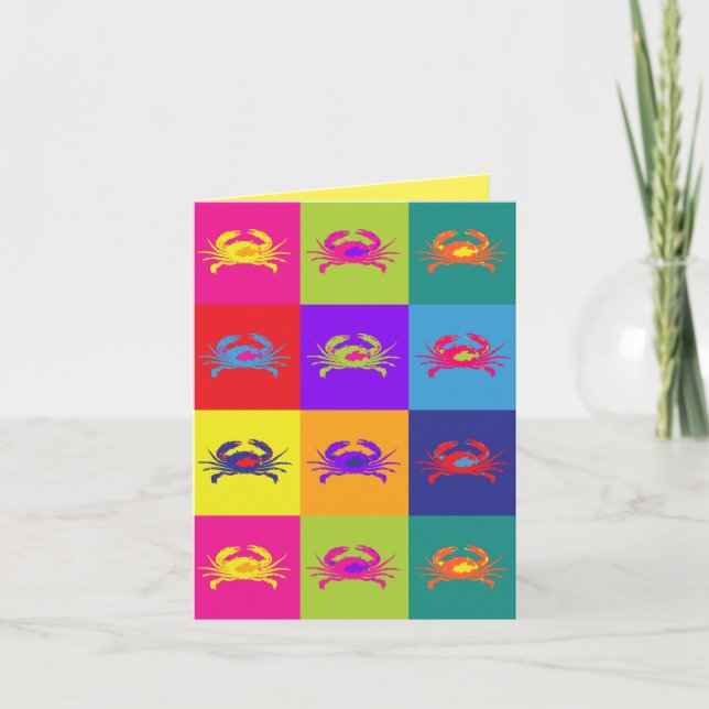 Tarjeta Feliz cumpleaños arte pop de cangrejos multicolor (Anverso)