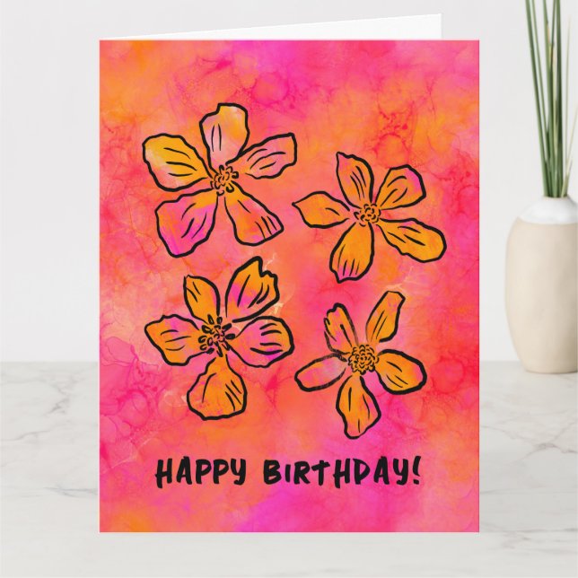Tarjeta Feliz cumpleaños arte pop floral rosado (Anverso)