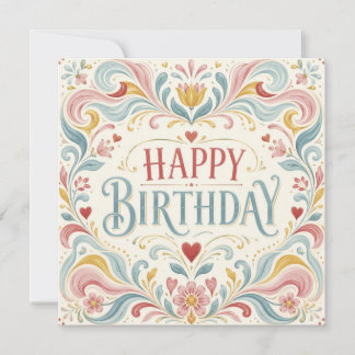 Tarjeta Feliz Cumpleaños Arte Popular Escandinavo Florales