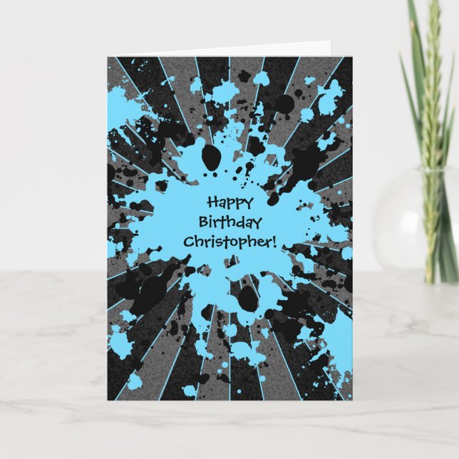 Tarjeta Feliz cumpleaños azul de Paintball (Anverso)