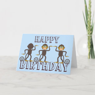 Tarjeta Feliz cumpleaños azul para los monos bailarines