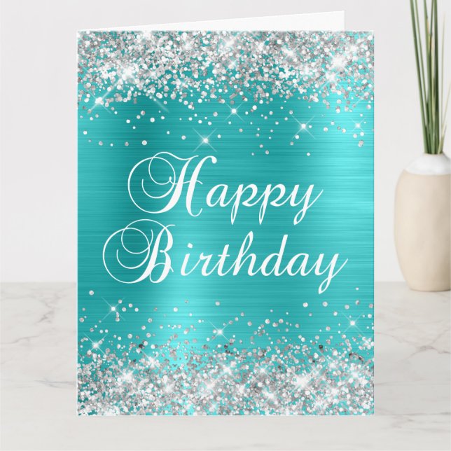 Tarjeta Feliz Cumpleaños Azul Turquesa Brillo Plateado Gra (Anverso)