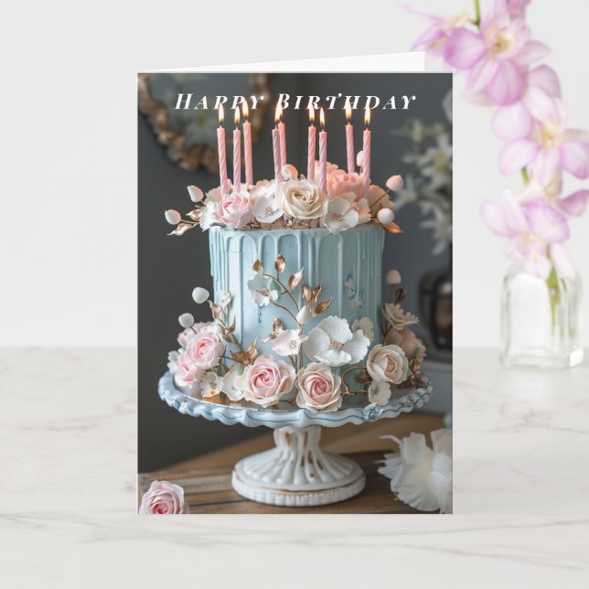 Tarjeta Feliz Cumpleaños  Azul  Velas de Tarta Flores de P (Orquídea)