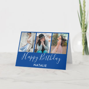 Tarjeta Feliz cumpleaños azul y blanco 3 Collage de fotos