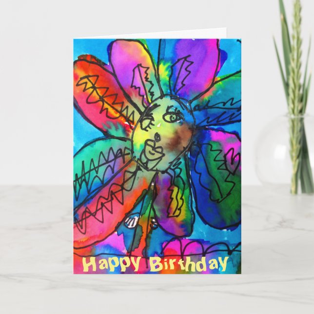 Tarjeta Feliz cumpleaños azul y rosado de un niño de Flor (Anverso)