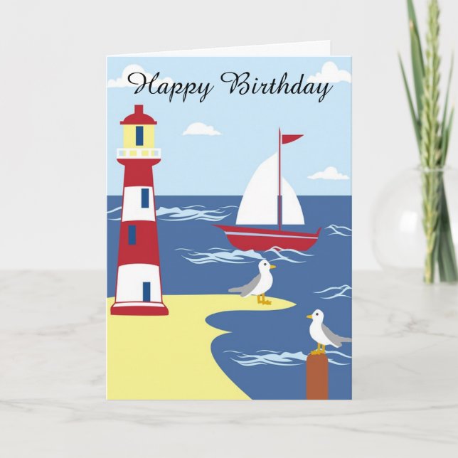 Tarjeta Feliz cumpleaños, barco de vela y faro (Anverso)