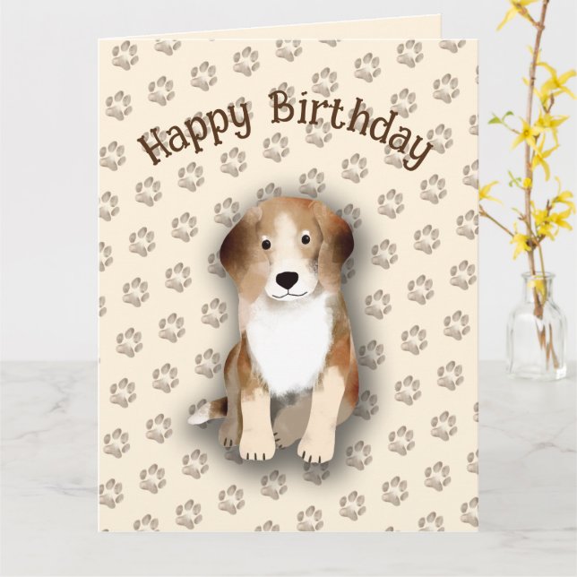 Tarjeta Feliz cumpleaños Beagle con huellas de perro (flor amarilla)