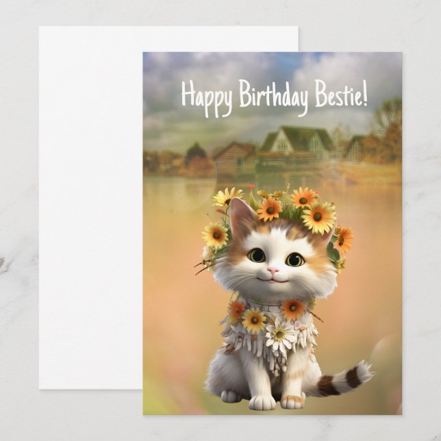 Tarjeta Feliz cumpleaños Bestie Cute Bogo Cat (Anverso / Reverso)