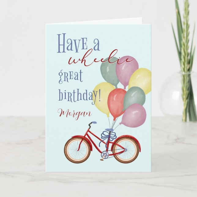 Tarjeta Feliz cumpleaños bicicleta roja con nombre persona (Anverso)