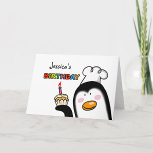 Tarjeta Feliz cumpleaños, bizcocho de pingüino chef