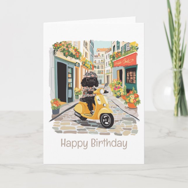 Tarjeta Feliz cumpleaños Black Doodle Riding Scooter (Anverso)
