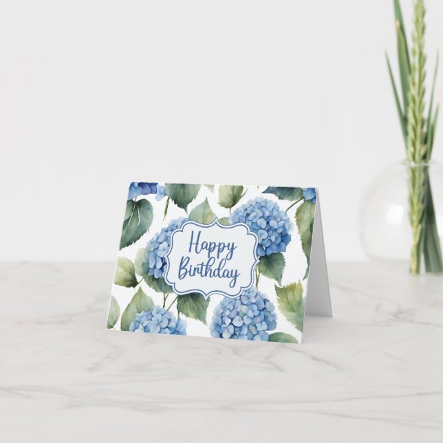 Tarjeta Feliz cumpleaños Blue Hydrangea Flores acuarela (Anverso)