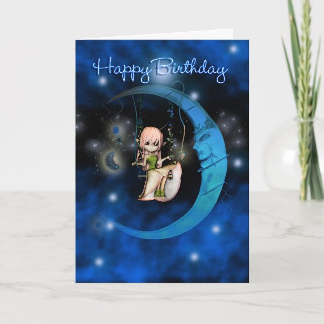 Tarjeta Feliz cumpleaños Blue Moon Fairy stars and sky (Anverso)