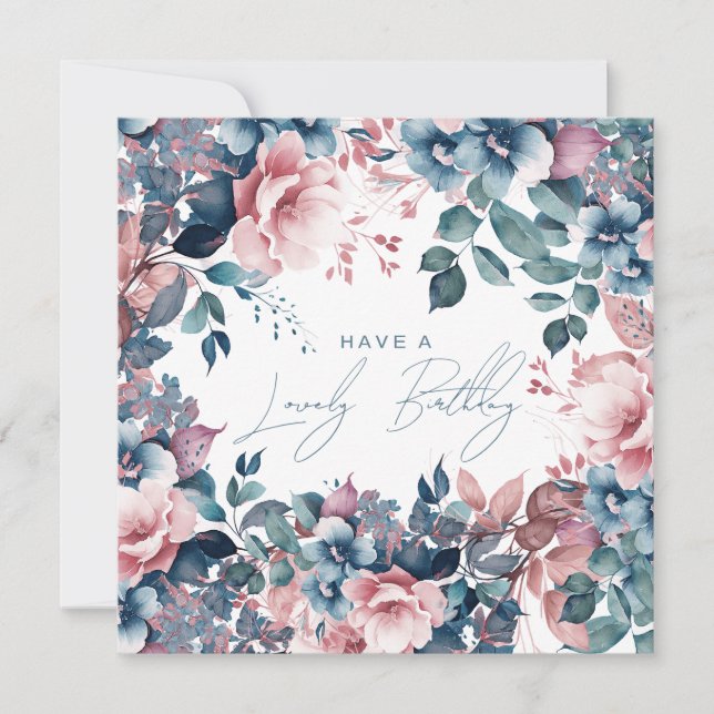 Tarjeta Feliz cumpleaños Bohemian Blue Garden Floral (Anverso)