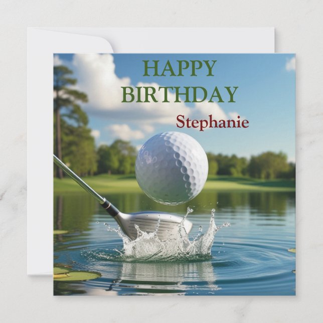 Tarjeta Feliz cumpleaños, bola de golf golpeando el agua (Anverso)