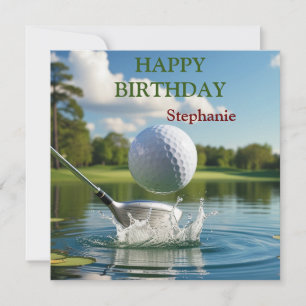 Tarjeta Feliz cumpleaños, bola de golf golpeando el agua
