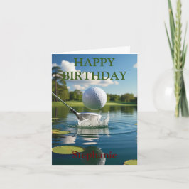 Tarjeta Feliz cumpleaños, bola de golf golpeando el agua