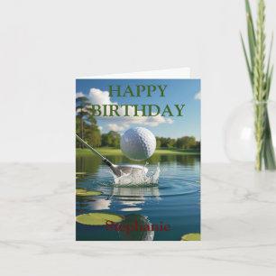 Tarjeta Feliz cumpleaños, bola de golf golpeando el agua
