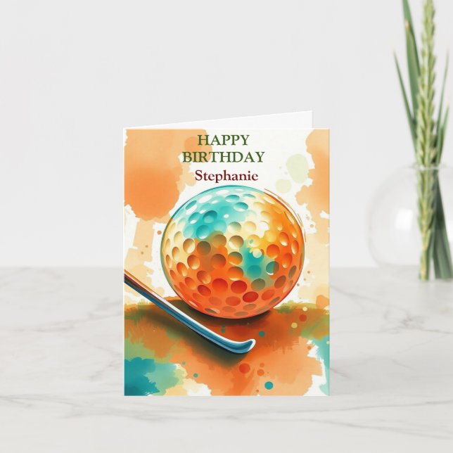 Tarjeta Feliz cumpleaños, bola de golf golpeando el agua (Anverso)