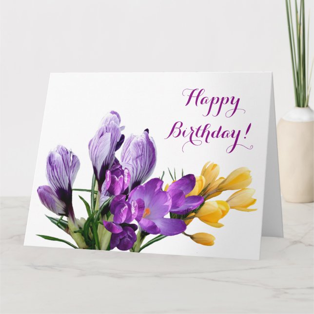 Tarjeta Feliz cumpleaños bonito crocus morado amarillo flo (Anverso)