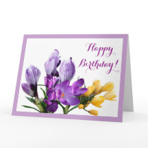 Feliz cumpleaños bonito crocus morado amarillo flo