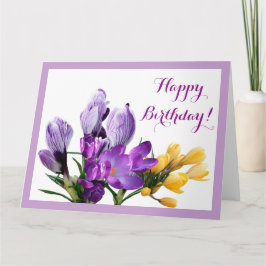 Tarjeta Feliz cumpleaños bonito crocus morado amarillo flo