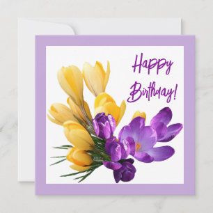 Tarjeta Feliz cumpleaños bonito crocus morado amarillo flo