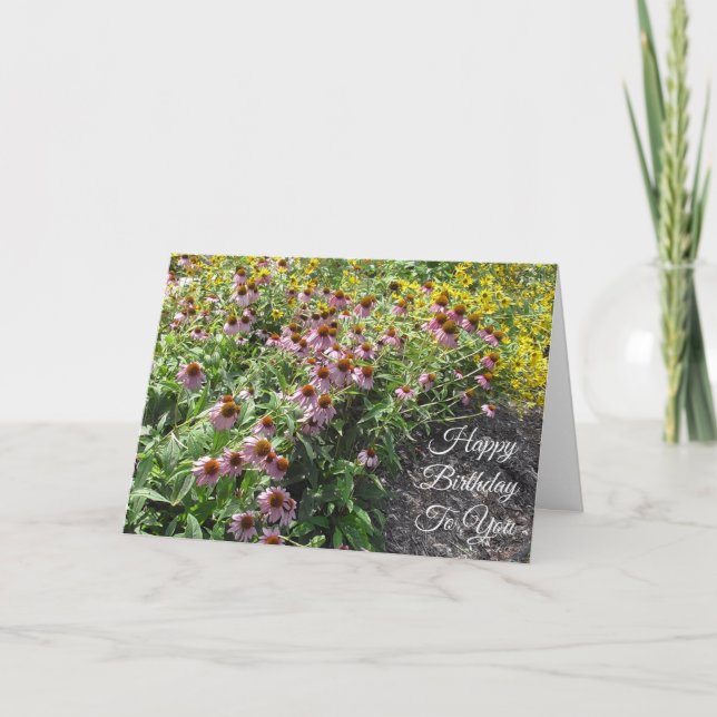 Tarjeta Feliz cumpleaños Bonito morado y flores amarillas (Anverso)