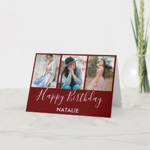 Tarjeta Feliz cumpleaños Borgoña y Collage de fotos blanco