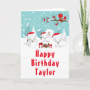 Tarjeta Feliz cumpleaños Bosque de Navidad Zorros Árticos