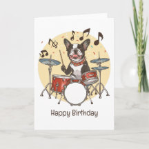 Feliz cumpleaños Boston Terrier Dog jugando tambor