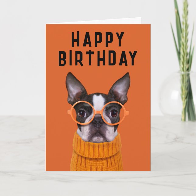 Tarjeta Feliz Cumpleaños | Boston Terrier Naranja (Anverso)