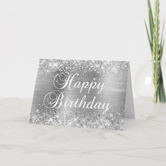 Tarjeta Feliz Cumpleaños Brillante Plata (Anverso)